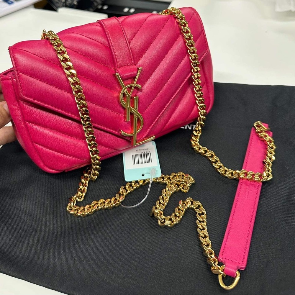 YSL Sheepskin Matelasse Chevron Classic Monogram Baby Chain Bag Electric Pink